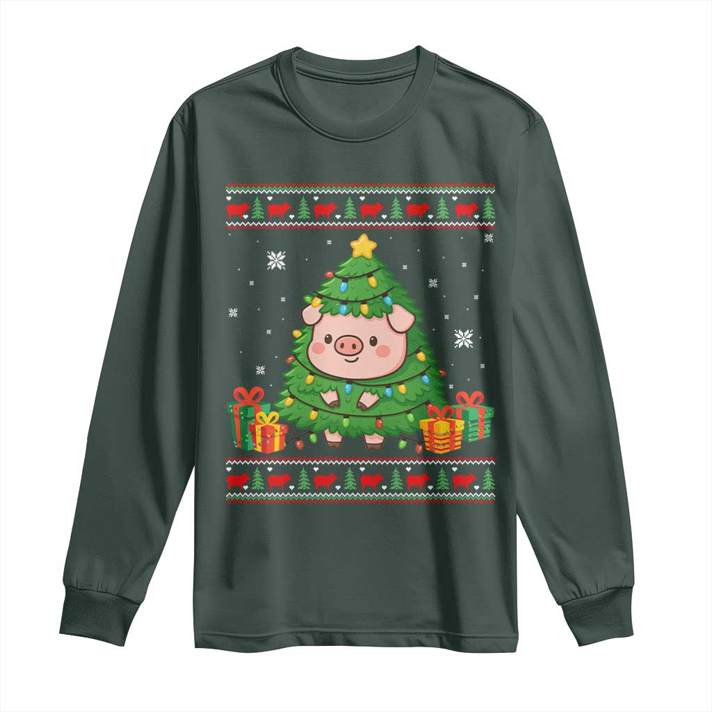 Funny Pig Christmas Tree Ugly Sweater Long Sleeve Shirt Farm Animal Gift TS12 Dark Forest Green Print Your Wear