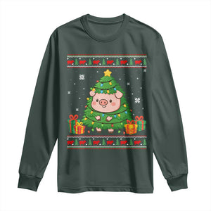 Funny Pig Christmas Tree Ugly Sweater Long Sleeve Shirt Farm Animal Gift TS12 Dark Forest Green Print Your Wear