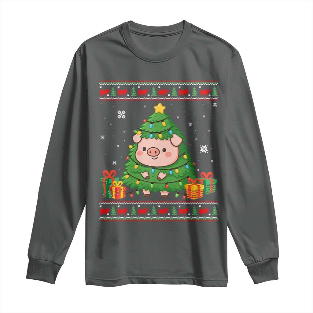 Funny Pig Christmas Tree Ugly Sweater Long Sleeve Shirt Farm Animal Gift TS12 Dark Heather Print Your Wear