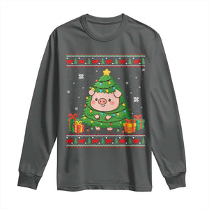 Funny Pig Christmas Tree Ugly Sweater Long Sleeve Shirt Farm Animal Gift TS12 Dark Heather Print Your Wear