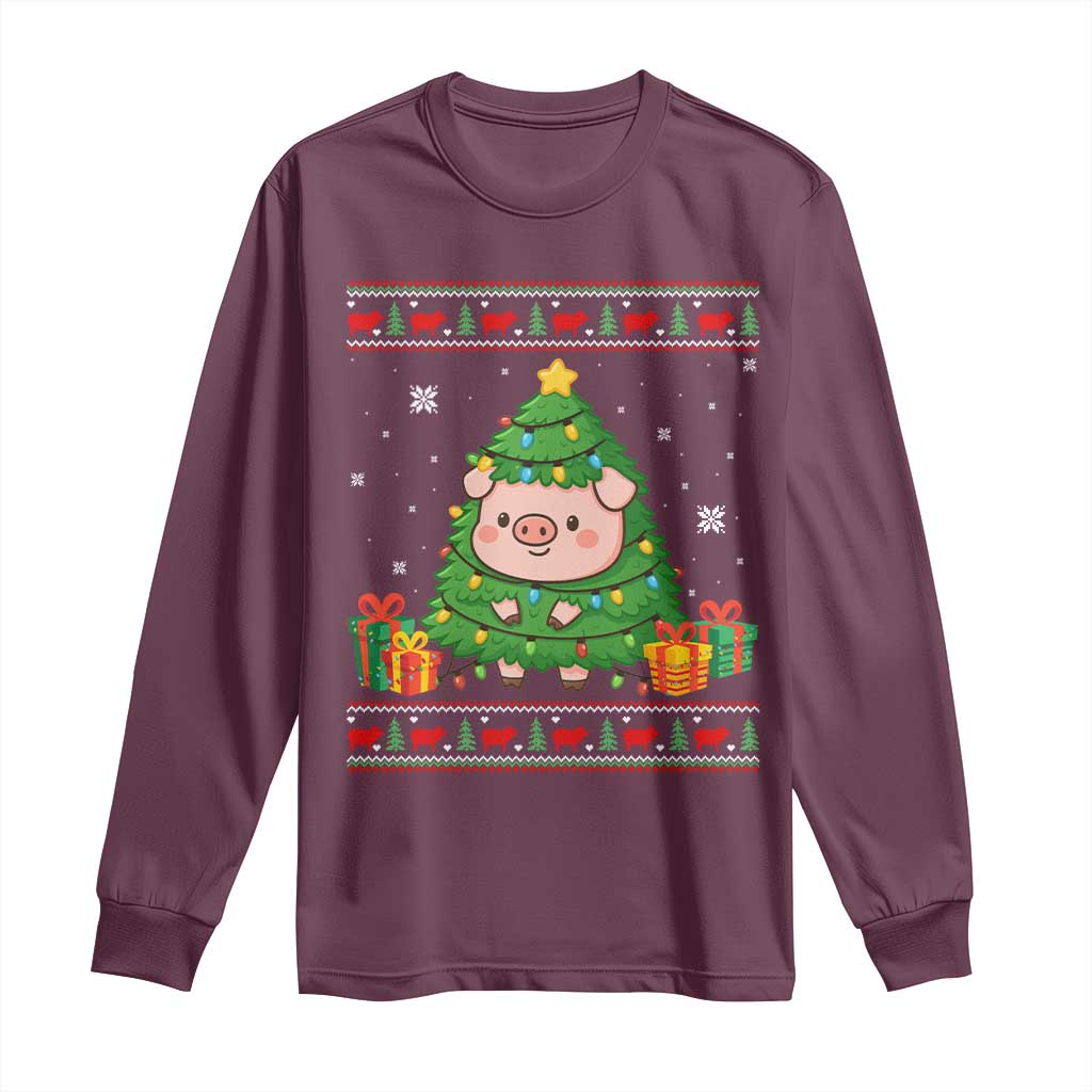 Funny Pig Christmas Tree Ugly Sweater Long Sleeve Shirt Farm Animal Gift TS12 Maroon Print Your Wear