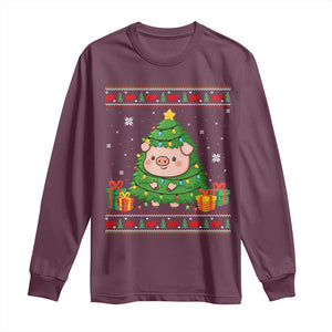 Funny Pig Christmas Tree Ugly Sweater Long Sleeve Shirt Farm Animal Gift TS12 Maroon Print Your Wear