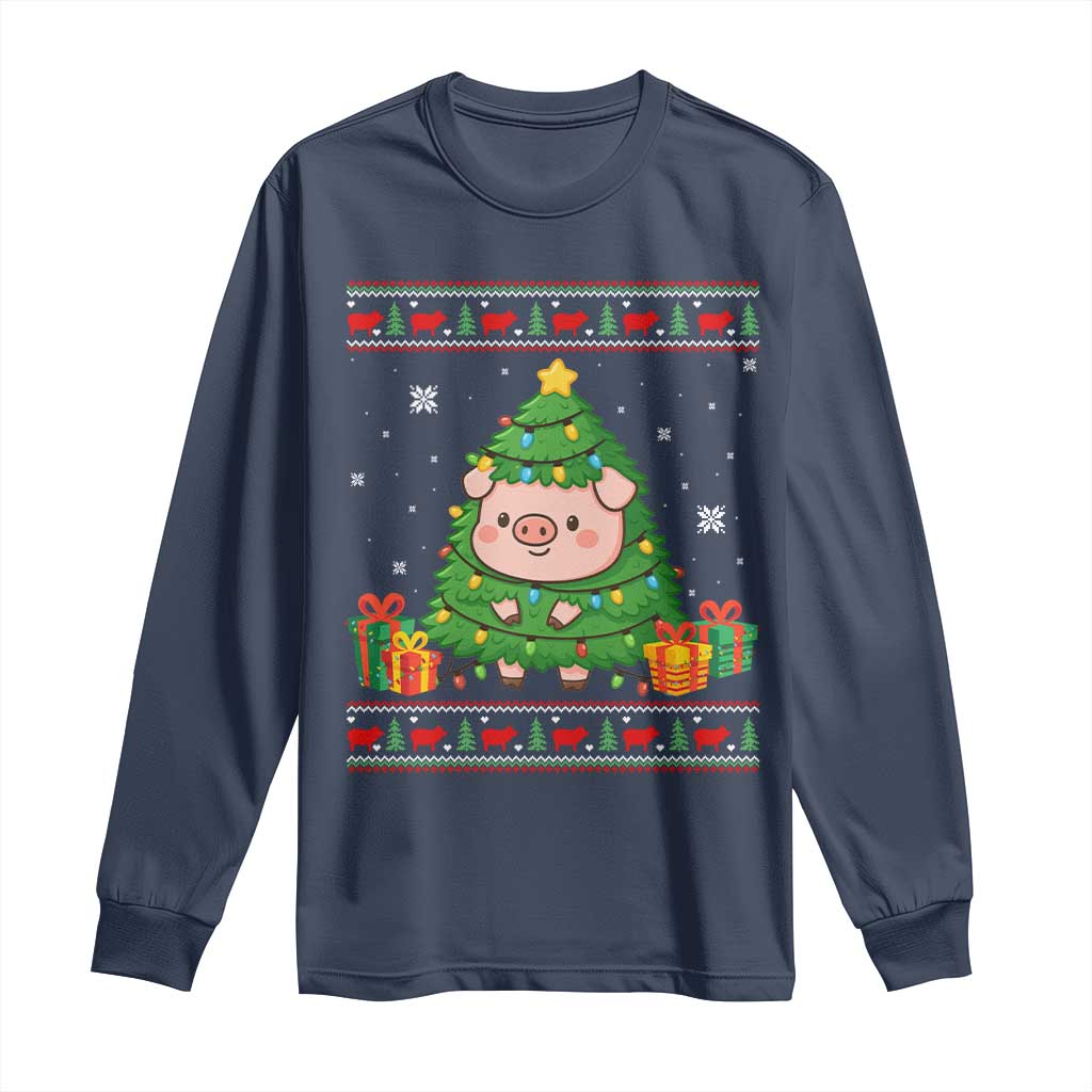 Funny Pig Christmas Tree Ugly Sweater Long Sleeve Shirt Farm Animal Gift TS12 Navy Print Your Wear