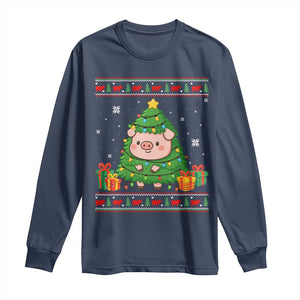 Funny Pig Christmas Tree Ugly Sweater Long Sleeve Shirt Farm Animal Gift TS12 Navy Print Your Wear