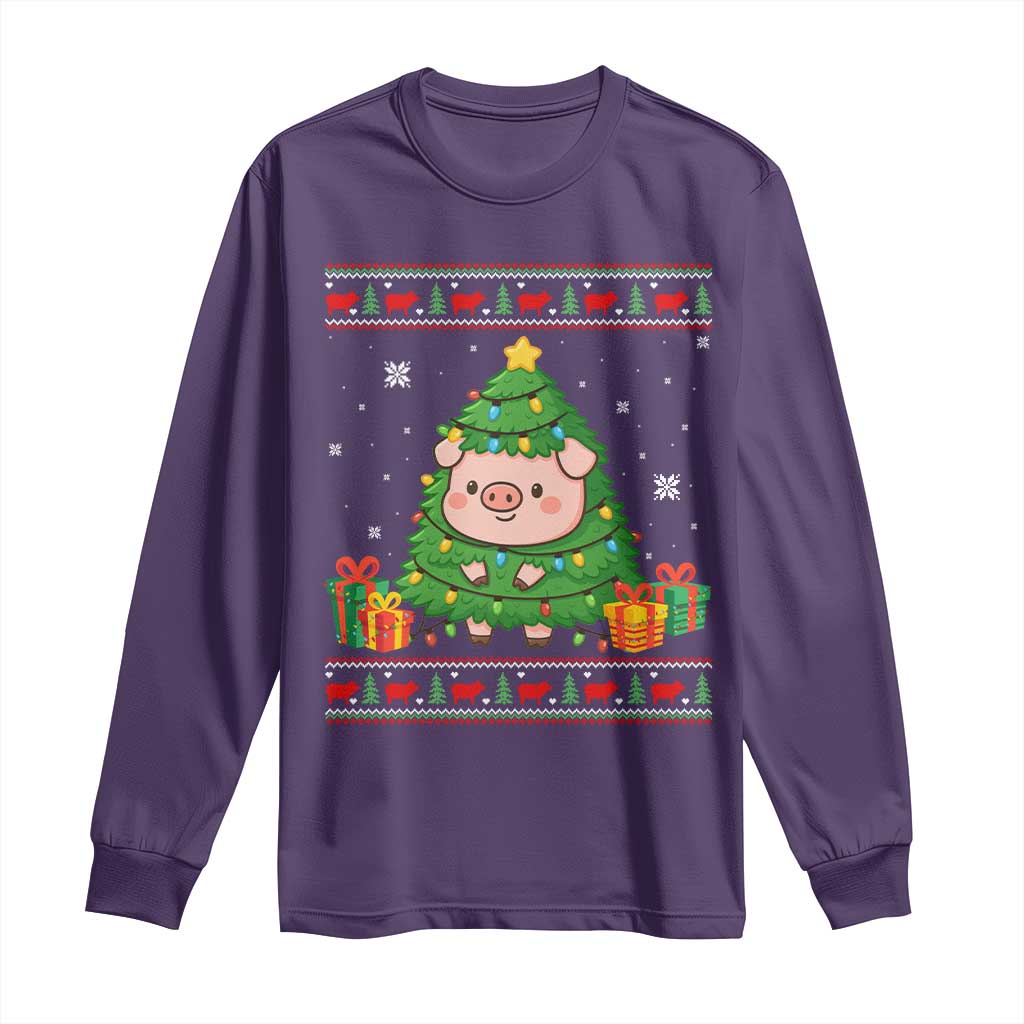 Funny Pig Christmas Tree Ugly Sweater Long Sleeve Shirt Farm Animal Gift TS12 Purple Print Your Wear