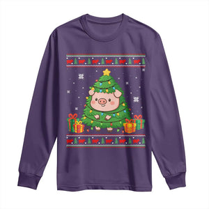Funny Pig Christmas Tree Ugly Sweater Long Sleeve Shirt Farm Animal Gift TS12 Purple Print Your Wear