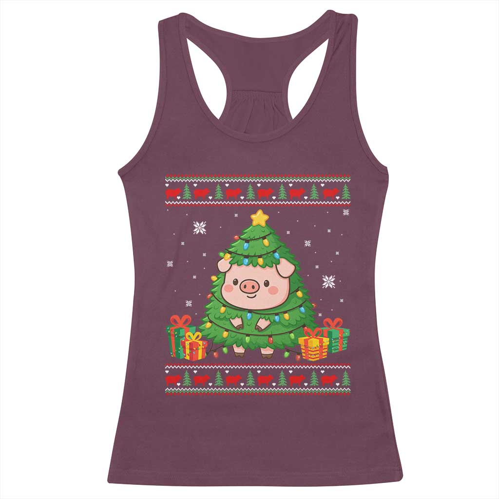 Funny Pig Christmas Tree Ugly Sweater Racerback Tank Top Farm Animal Gift TS12 Maroon Print Your Wear