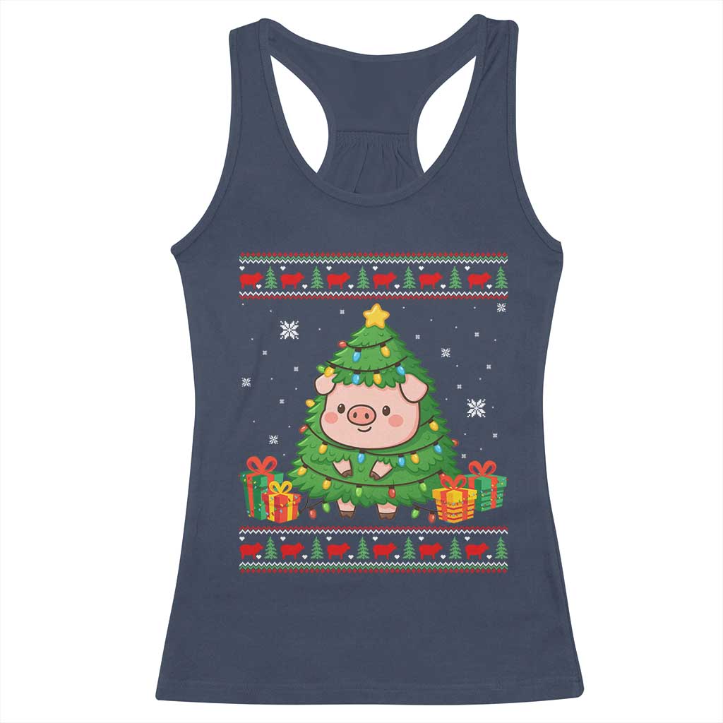Funny Pig Christmas Tree Ugly Sweater Racerback Tank Top Farm Animal Gift TS12 Navy Print Your Wear