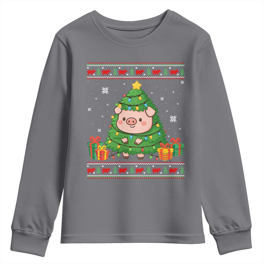 Funny Pig Christmas Tree Ugly Sweater Youth Sweatshirt Farm Animal Gift TS12 Charcoal Print Your Wear