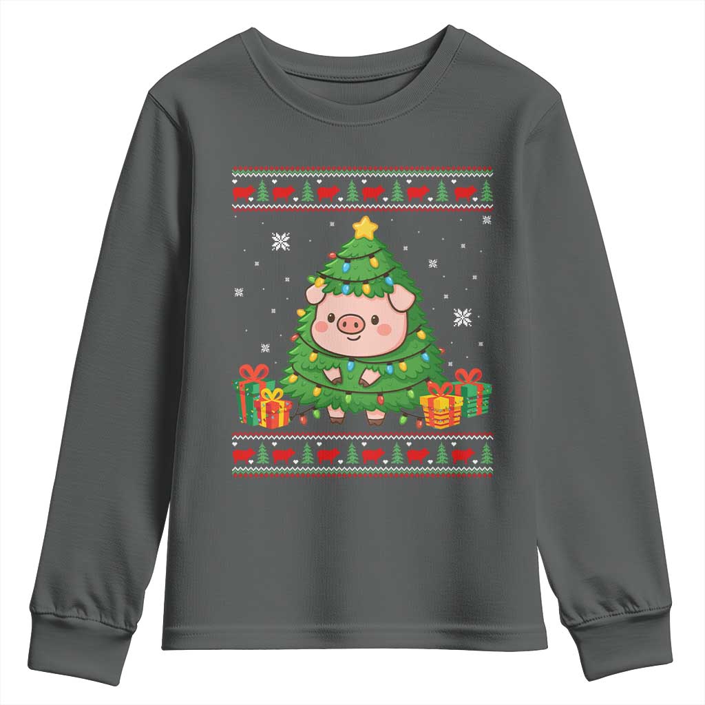 Funny Pig Christmas Tree Ugly Sweater Youth Sweatshirt Farm Animal Gift TS12 Dark Heather Print Your Wear
