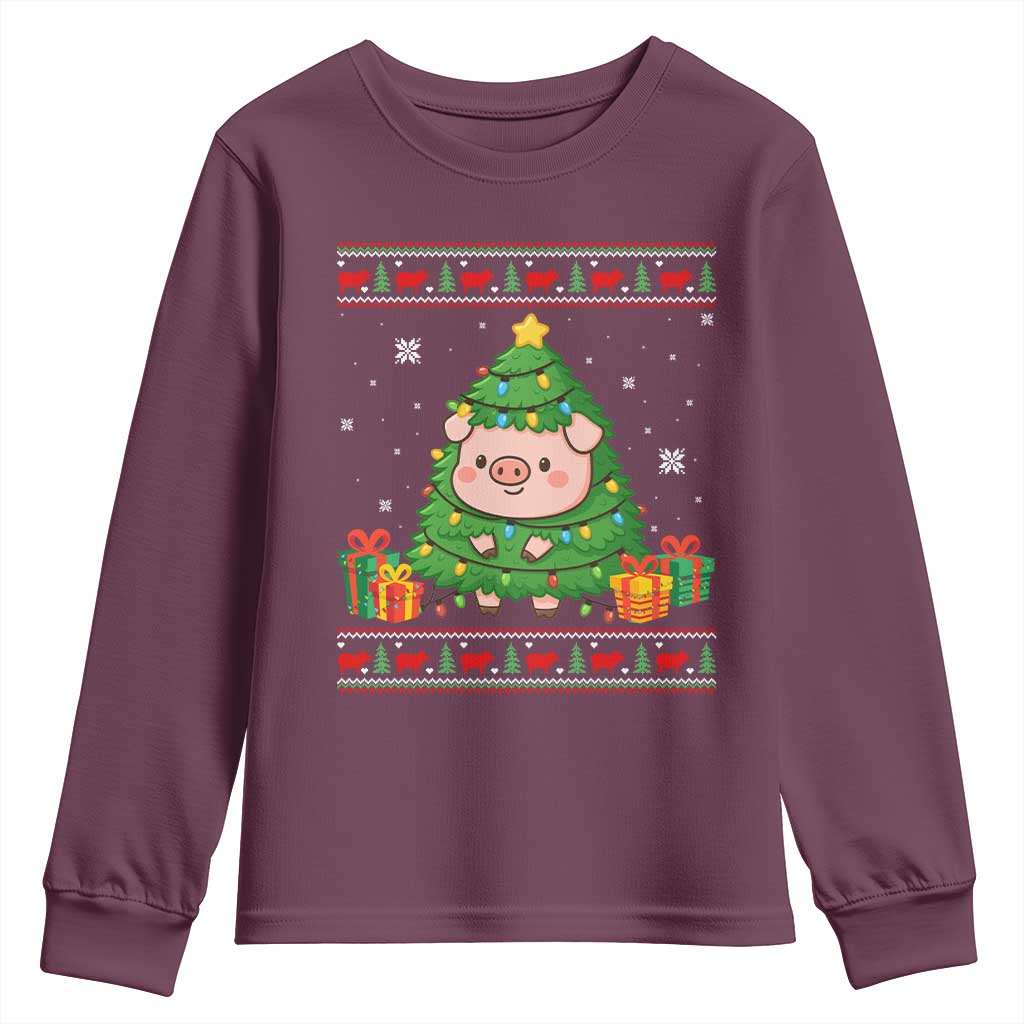 Funny Pig Christmas Tree Ugly Sweater Youth Sweatshirt Farm Animal Gift TS12 Maroon Print Your Wear
