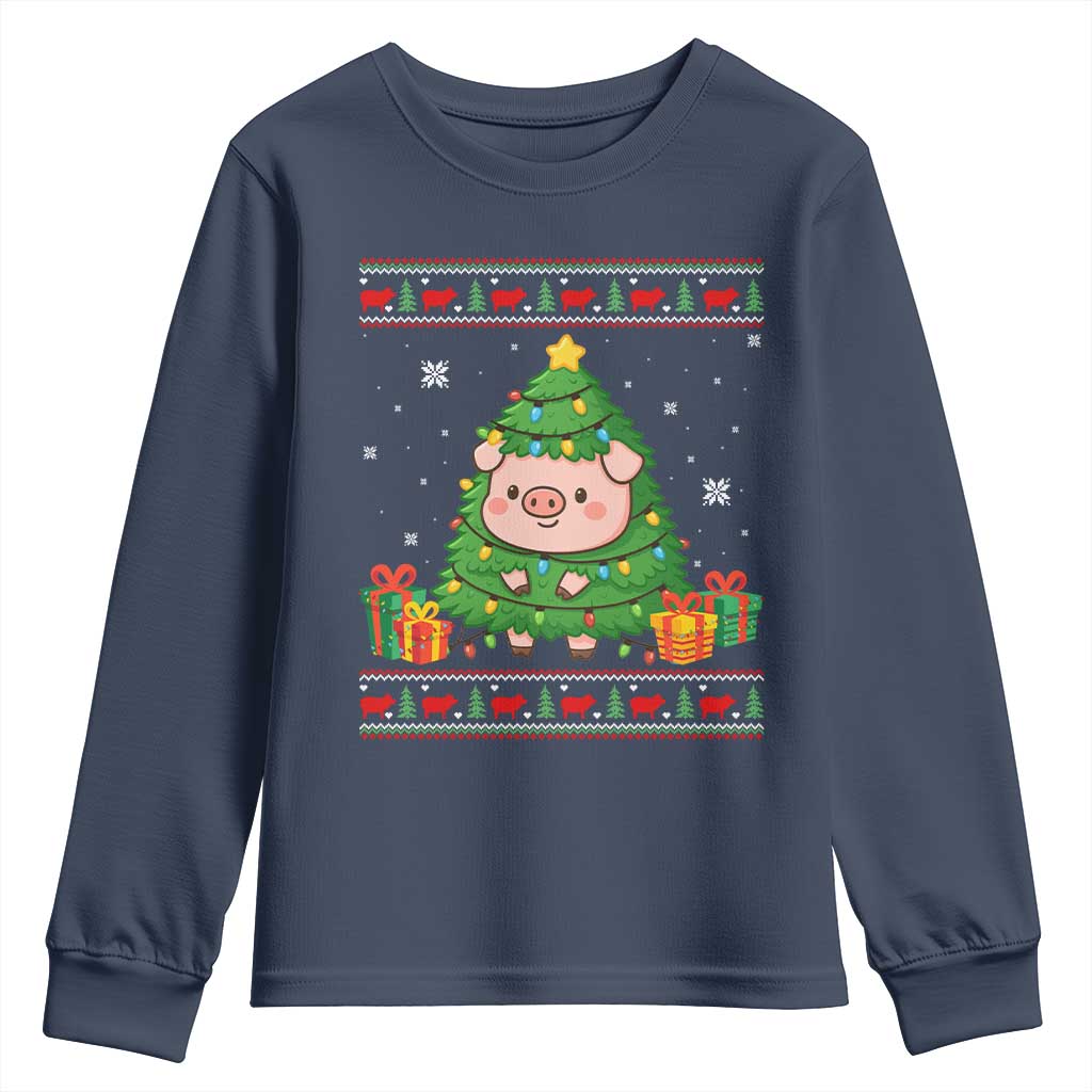 Funny Pig Christmas Tree Ugly Sweater Youth Sweatshirt Farm Animal Gift TS12 Navy Print Your Wear