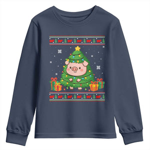 Funny Pig Christmas Tree Ugly Sweater Youth Sweatshirt Farm Animal Gift TS12 Navy Print Your Wear