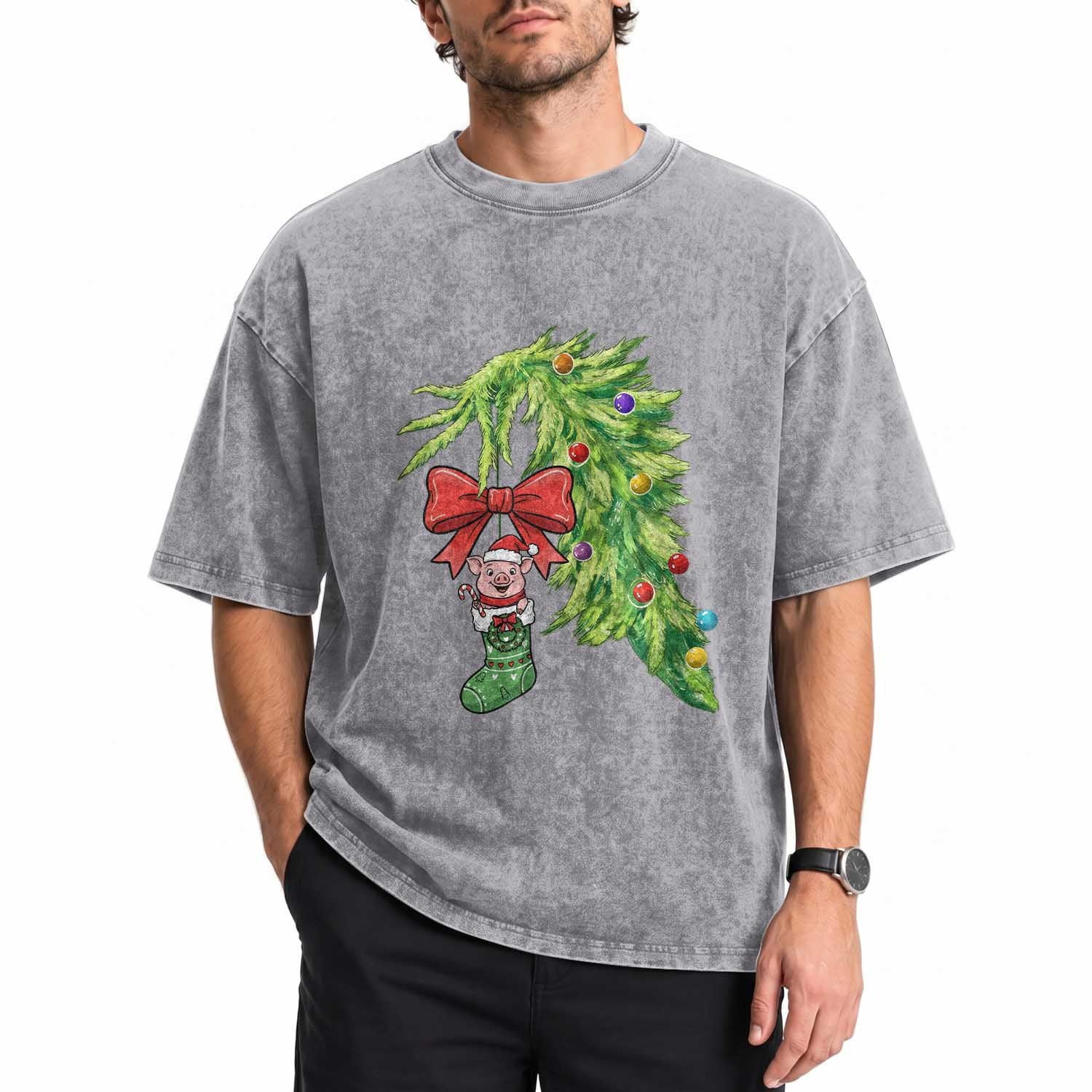 Funny Christmas Pig In Green Hand Naughty Washed Cotton T-Shirt Pet Lover Gift