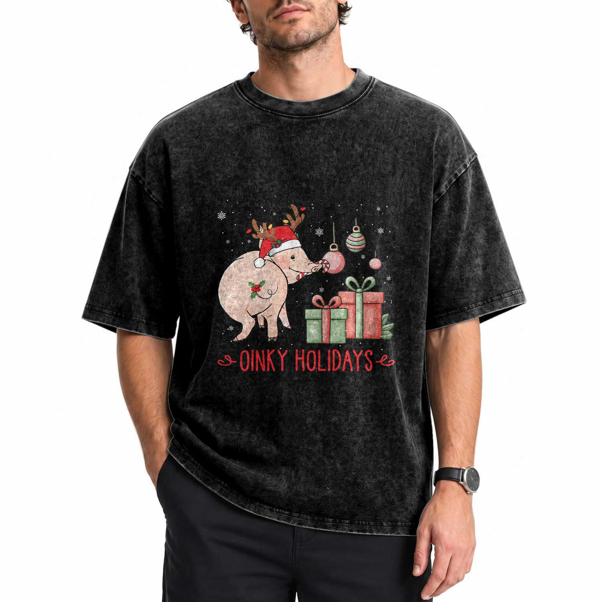 Oinky Holidays Washed Cotton T-Shirt Funny Christmas Pig Lover Gift