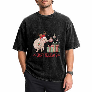 Oinky Holidays Washed Cotton T-Shirt Funny Christmas Pig Lover Gift