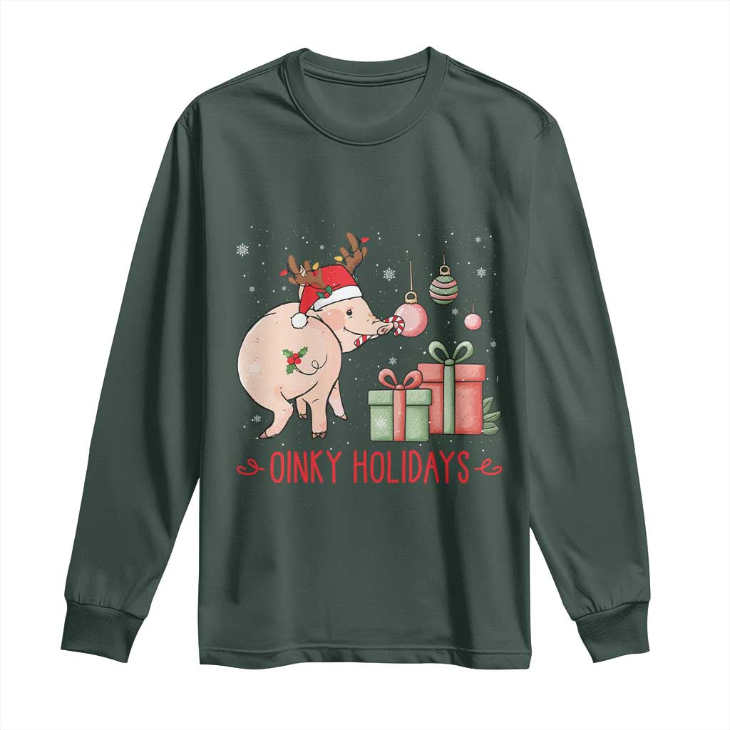 Oinky Holidays Long Sleeve Shirt Funny Christmas Pig Lover Gift TS12 Dark Forest Green Print Your Wear
