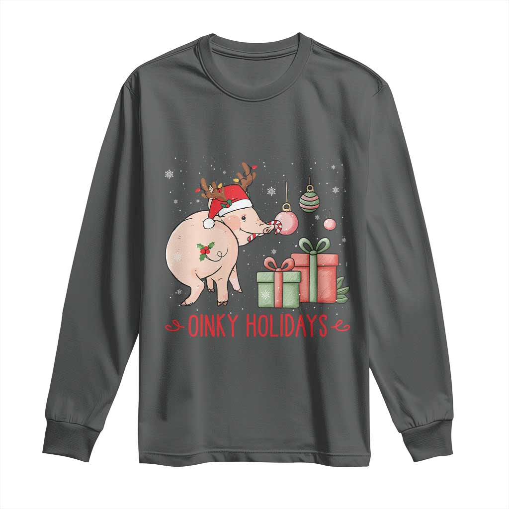 Oinky Holidays Long Sleeve Shirt Funny Christmas Pig Lover Gift TS12 Dark Heather Print Your Wear
