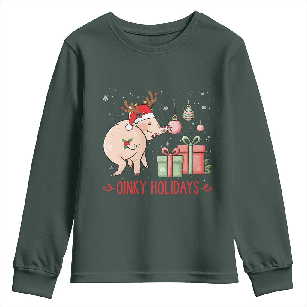 Oinky Holidays Youth Sweatshirt Funny Christmas Pig Lover Gift TS12 Dark Forest Green Print Your Wear
