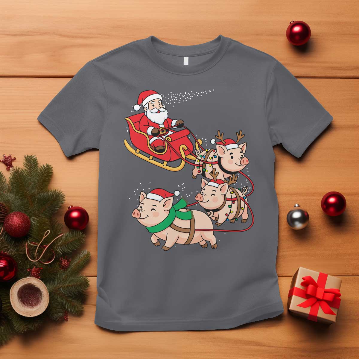 Santa Pig Sleigh Crew T Shirt Funny Christmas Pig Lover Gift TS12 Charcoal Print Your Wear