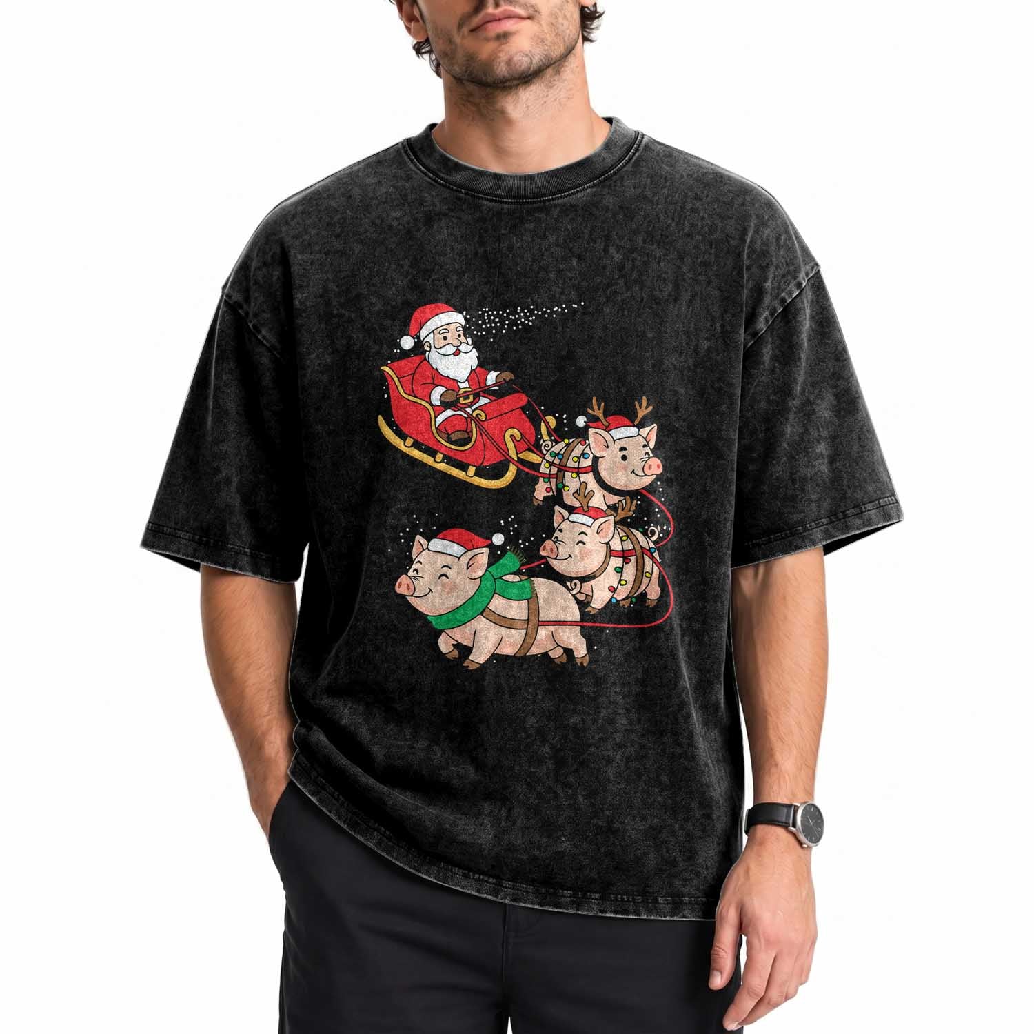 Santa Pig Sleigh Crew Washed Cotton T-Shirt Funny Christmas Pig Lover Gift