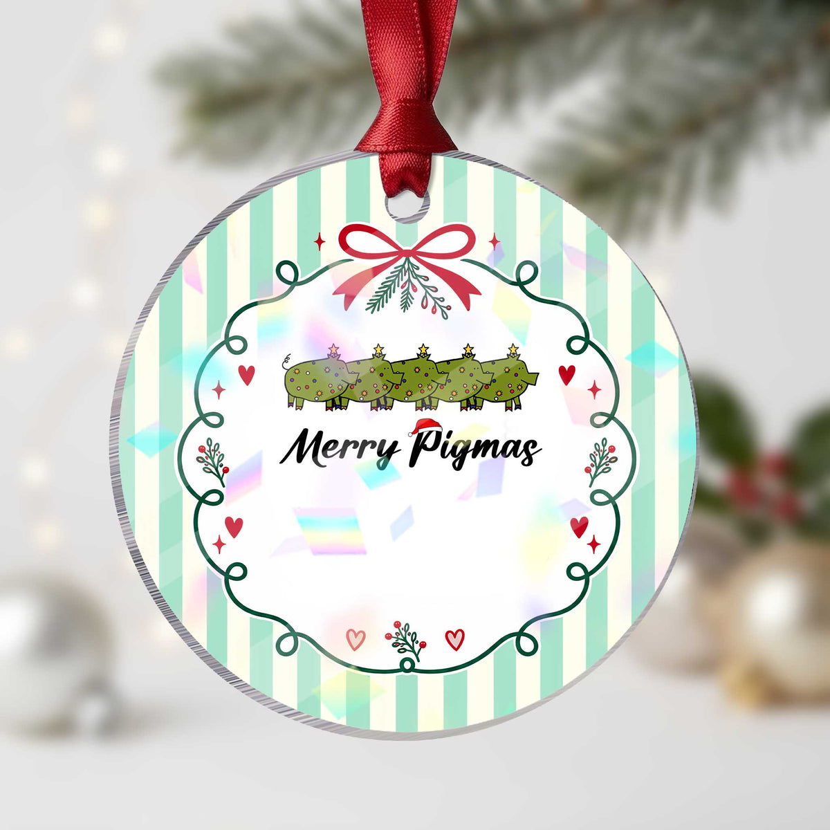 Merry Pigmas Holographic Acrylic Ornament Holiday Gift For Pig Lovers