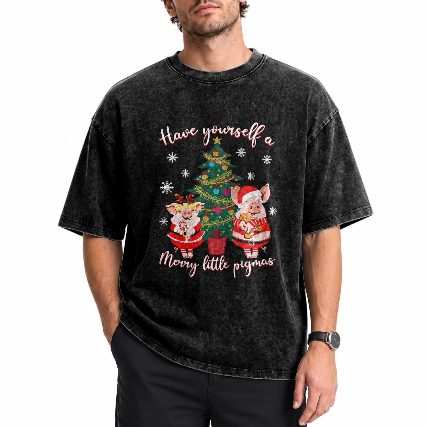 Have Yourself A Merry Little Pigmas Washed Cotton T-Shirt Christmas Pig Lover Farm Life