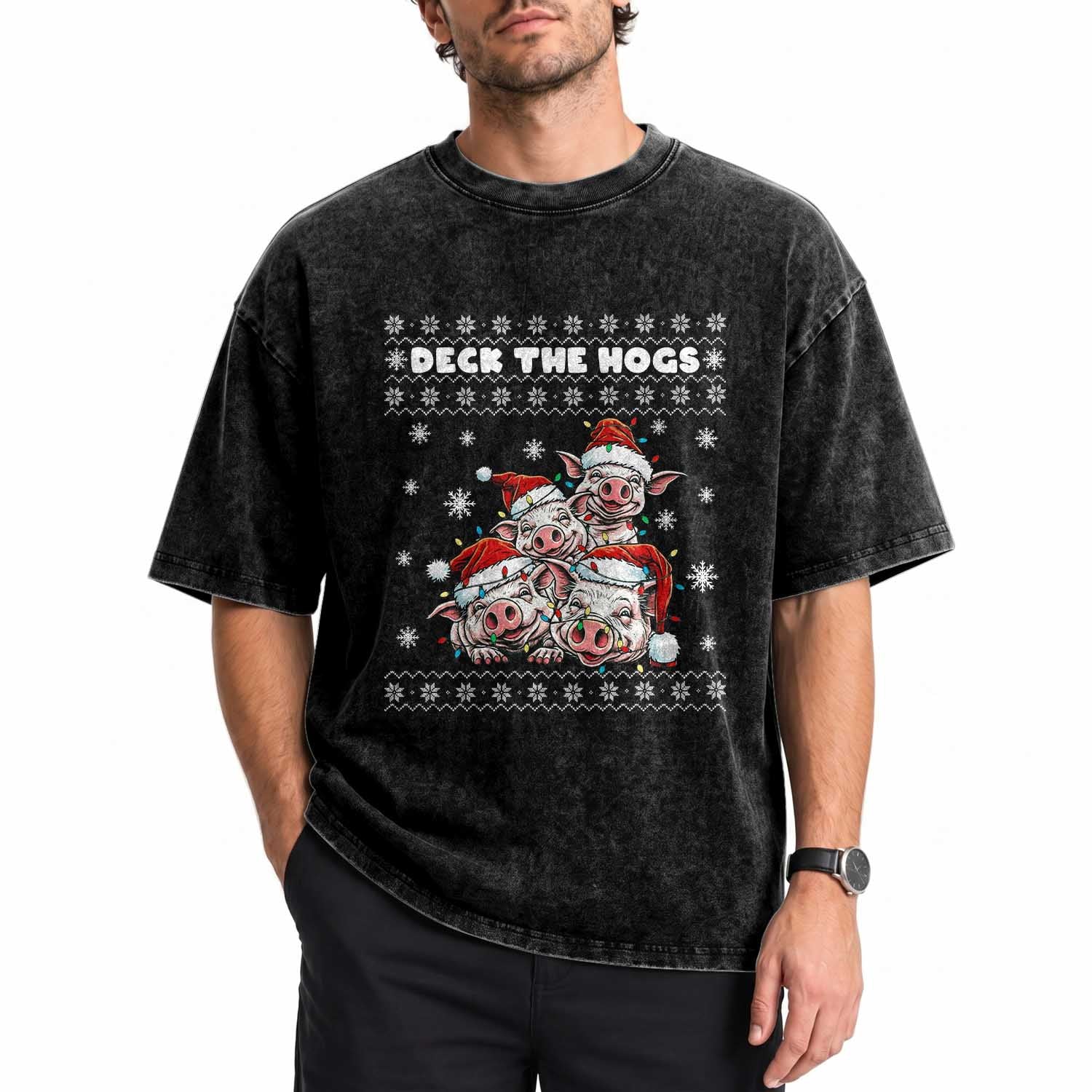 Deck The Hogs Ugly Christmas Sweater Washed Cotton T-Shirt Pig Lover Gift