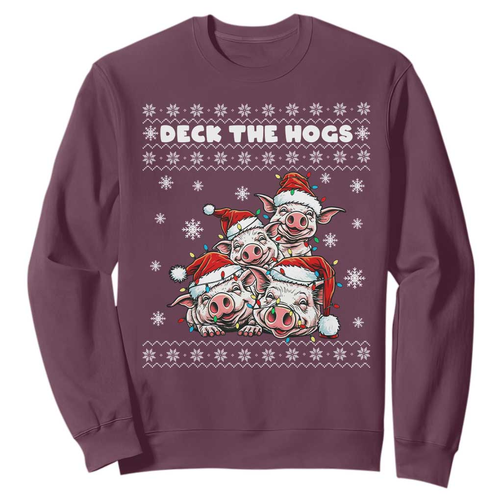 Deck The Hogs Ugly Christmas Sweater Sweatshirt Pig Lover Gift TS12 Maroon Print Your Wear