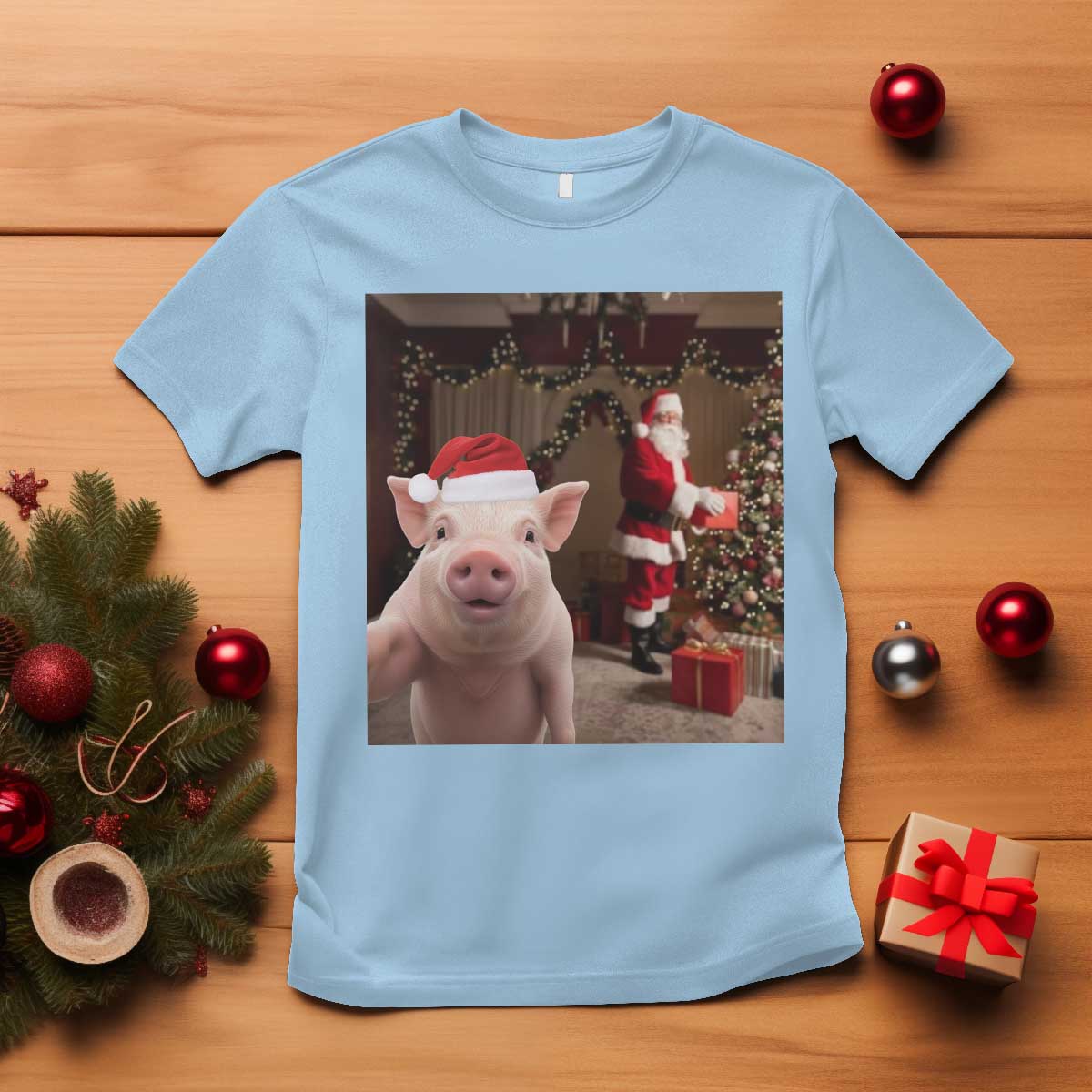 Funny Christmas Pig Selfie With Santa Gift T Shirt TS12 Light Blue Print Your Wear