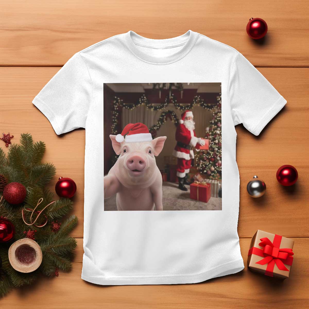 Funny Christmas Pig Selfie With Santa Gift T Shirt TS12 White Print Your Wear