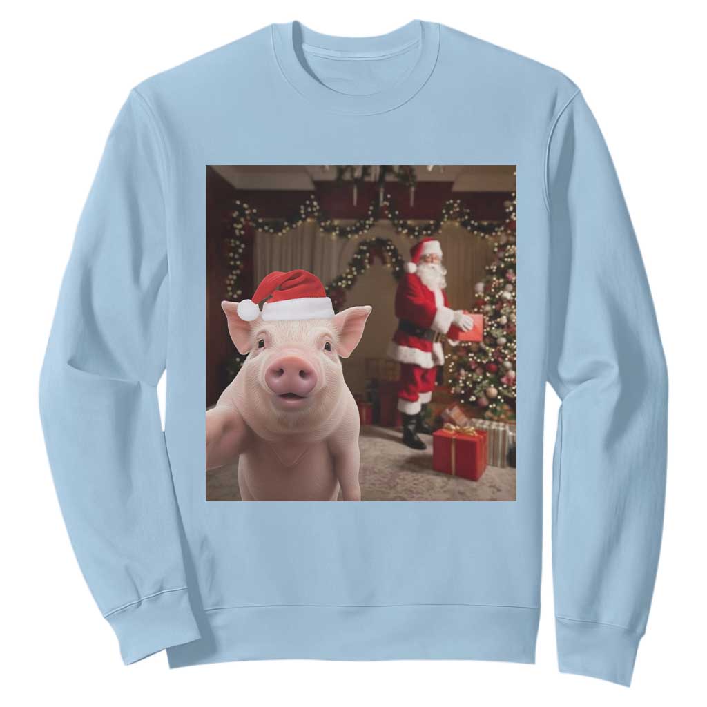 Funny Christmas Pig Selfie With Santa Gift Sweatshirt TS12 Light Blue Print Your Wear