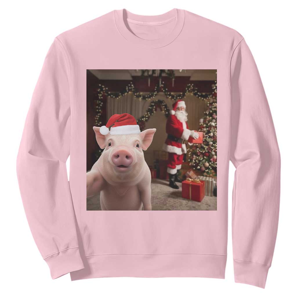 Funny Christmas Pig Selfie With Santa Gift Sweatshirt TS12 Light Pink Print Your Wear