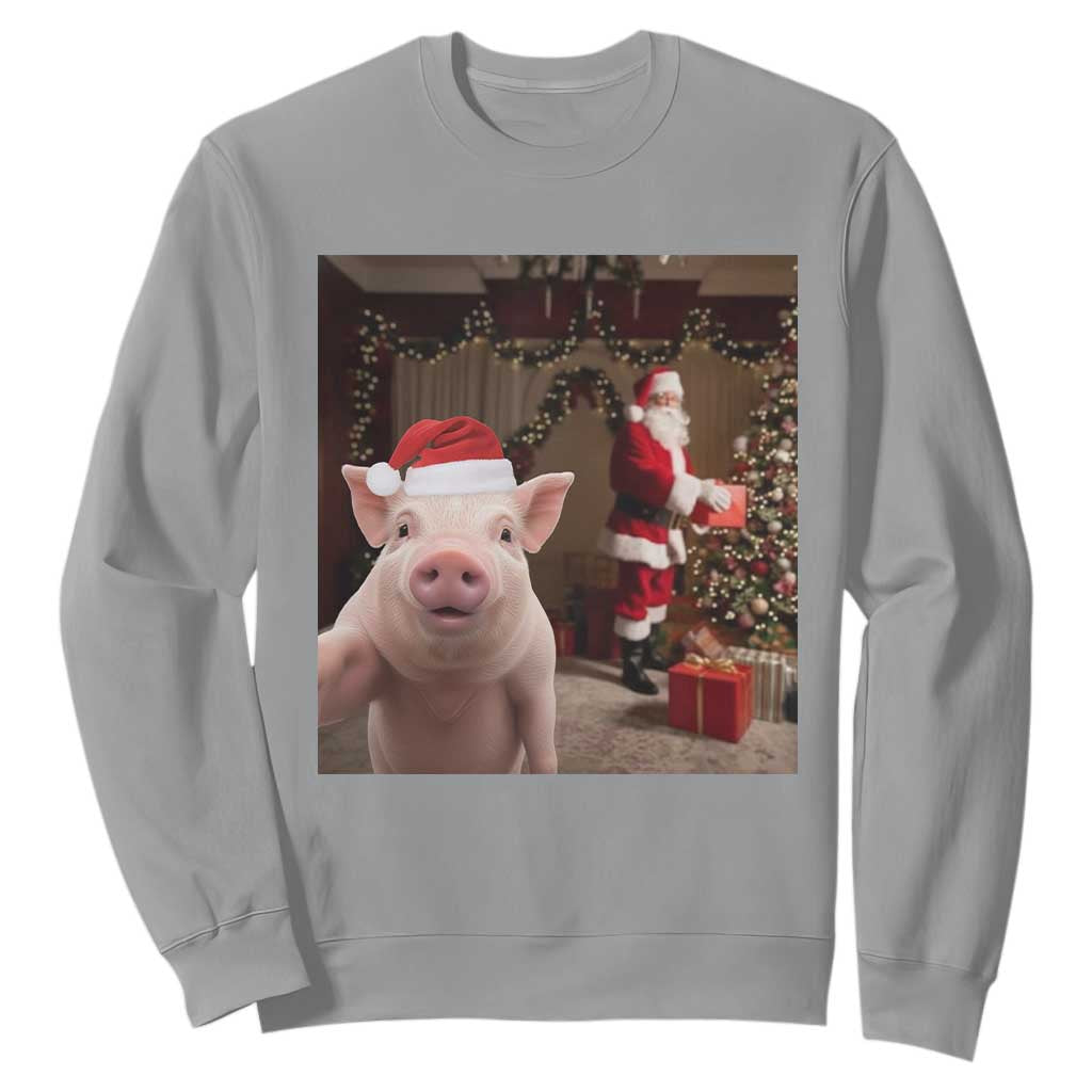 Funny Christmas Pig Selfie With Santa Gift Sweatshirt TS12 Sport Gray Print Your Wear