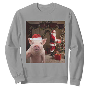 Funny Christmas Pig Selfie With Santa Gift Sweatshirt TS12 Sport Gray Print Your Wear