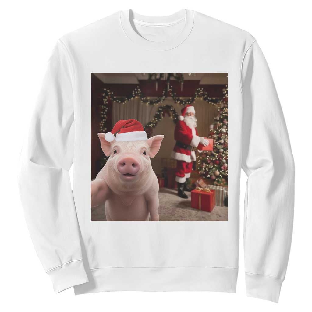 Funny Christmas Pig Selfie With Santa Gift Sweatshirt TS12 White Print Your Wear