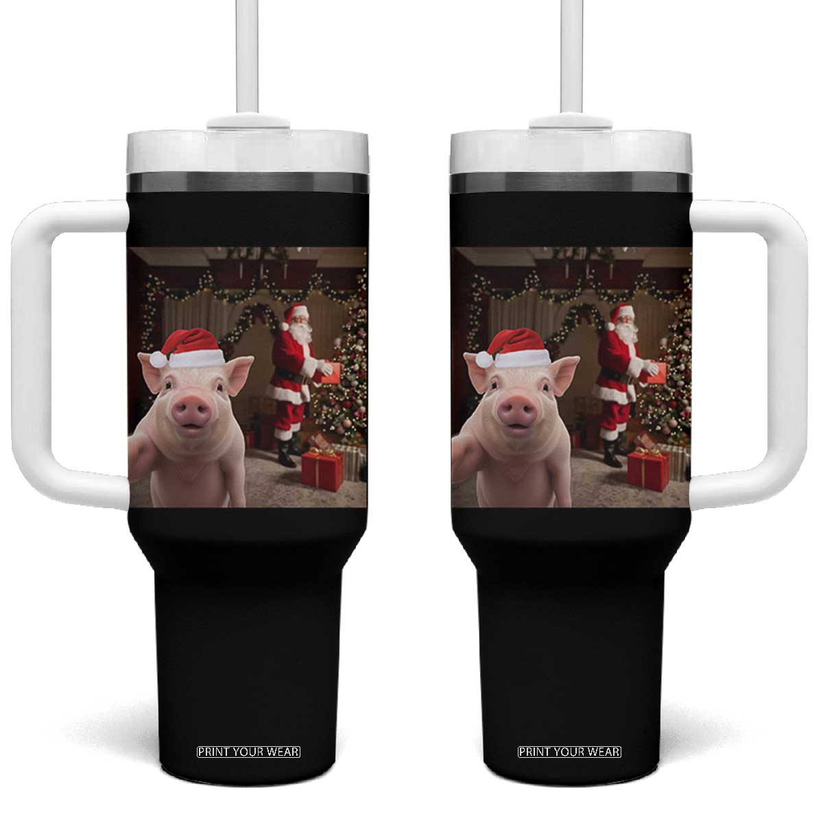 Funny Christmas Pig Selfie With Santa Gift Tumbler With Handle TS12 One Size: 40 oz Black Print Your Wear