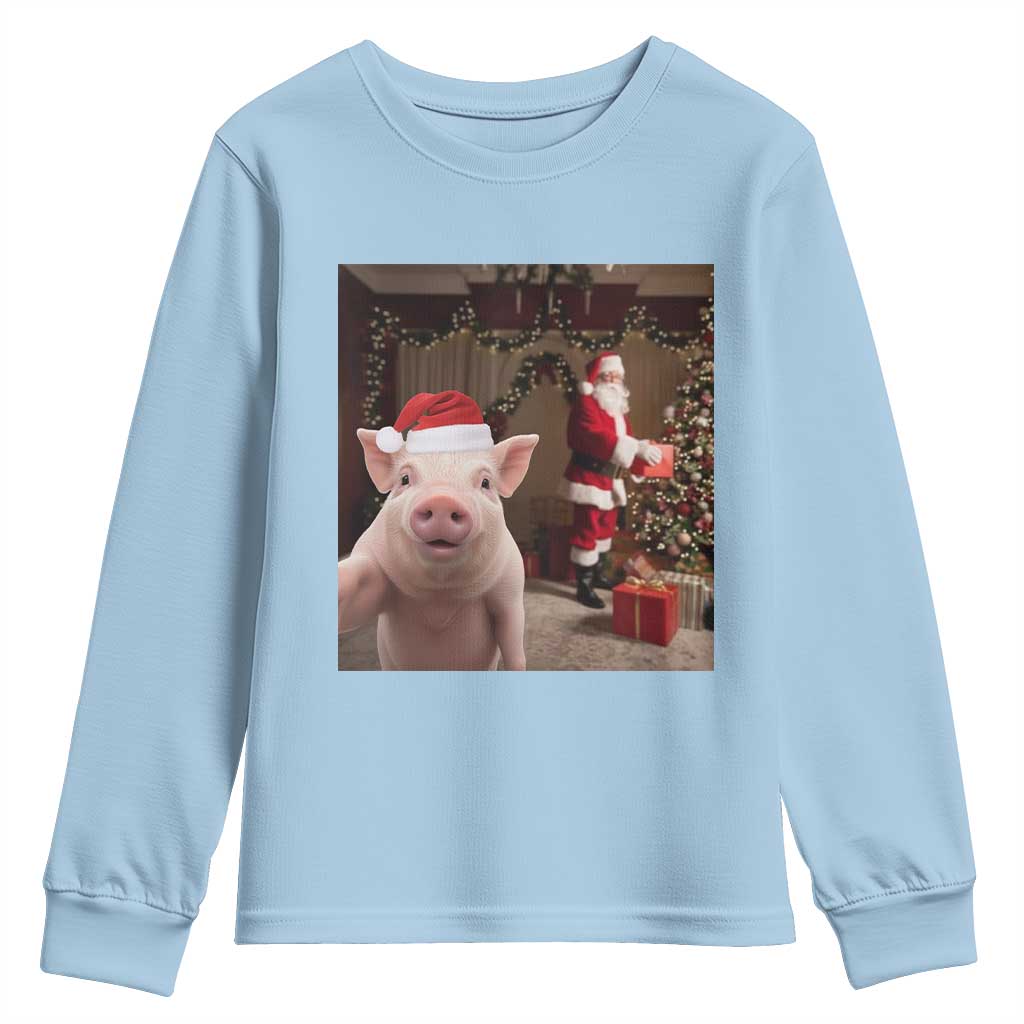 Funny Christmas Pig Selfie With Santa Gift Youth Sweatshirt TS12 Light Blue Print Your Wear