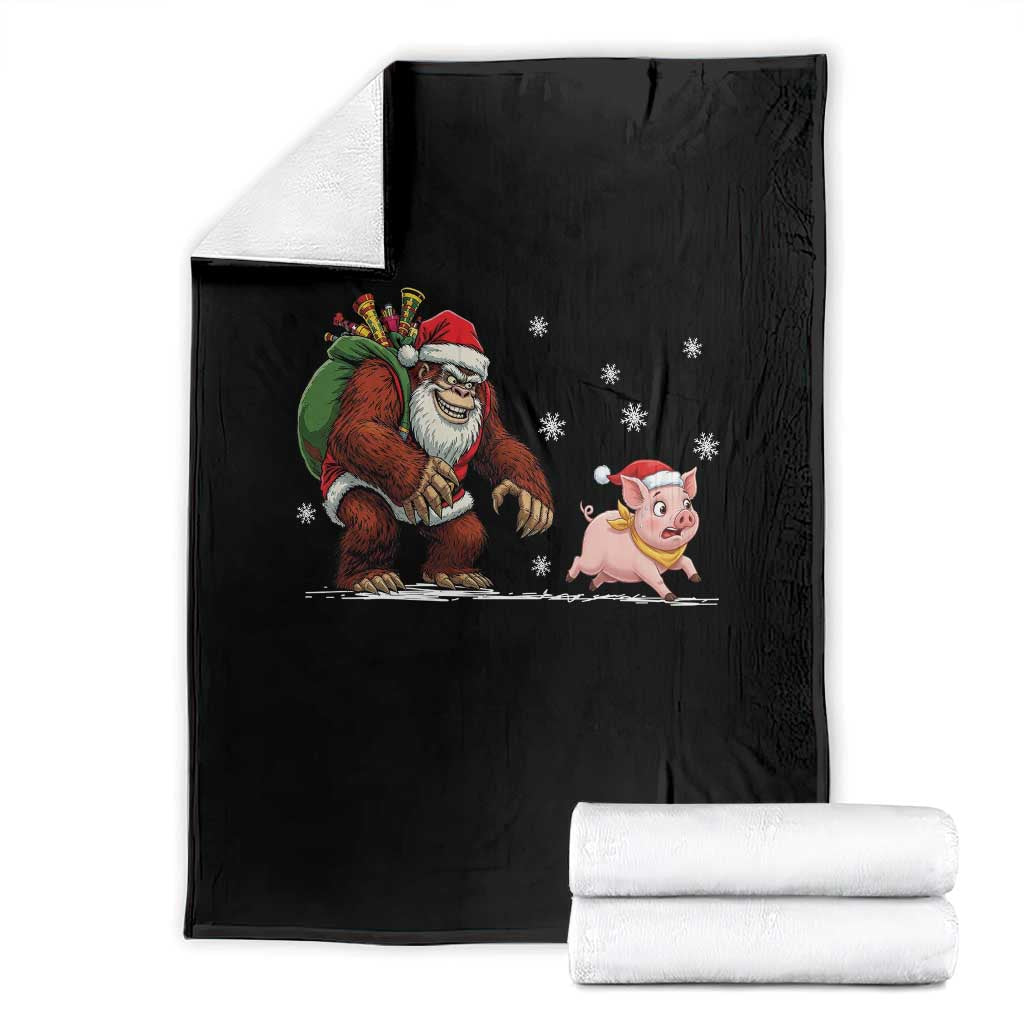 Christmas Cryptid Farm Life Gift Throw Blanket Funny Bigfoot Chasing Pig TS12 Black Print Your Wear
