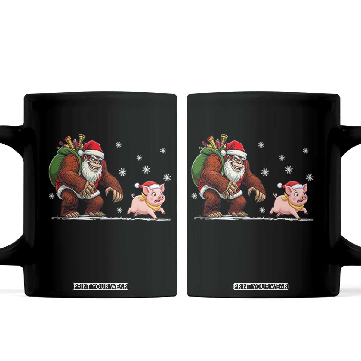 Christmas Cryptid Farm Life Gift Coffee Mug Funny Bigfoot Chasing Pig TS12 Black Print Your Wear