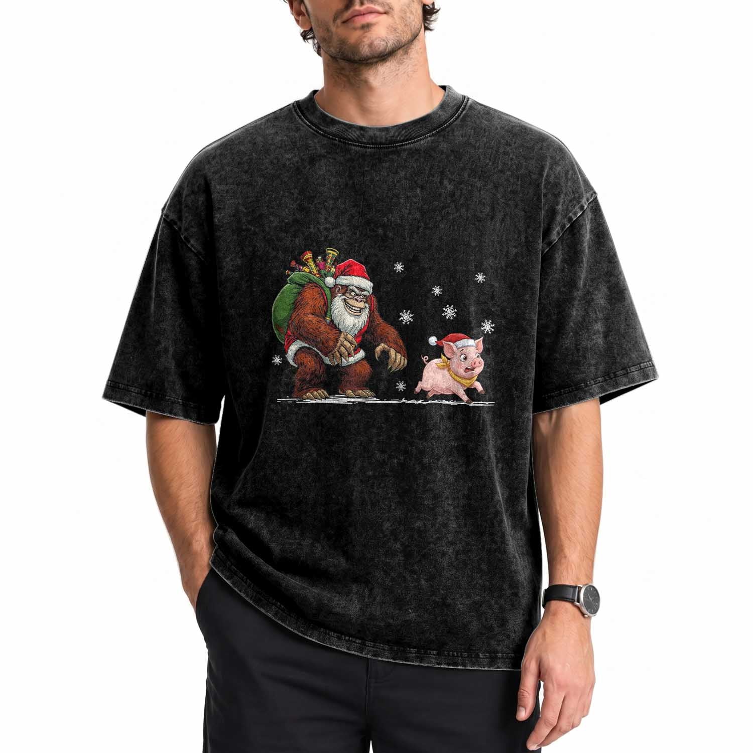 Christmas Cryptid Farm Life Gift Washed Cotton T-Shirt Funny Bigfoot Chasing Pig