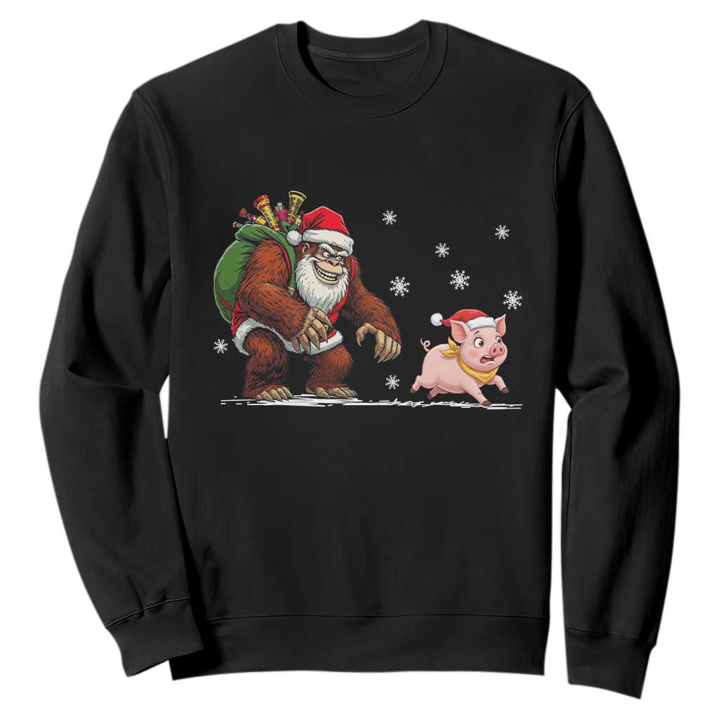 Christmas Cryptid Farm Life Gift Sweatshirt Funny Bigfoot Chasing Pig TS12 Black Print Your Wear