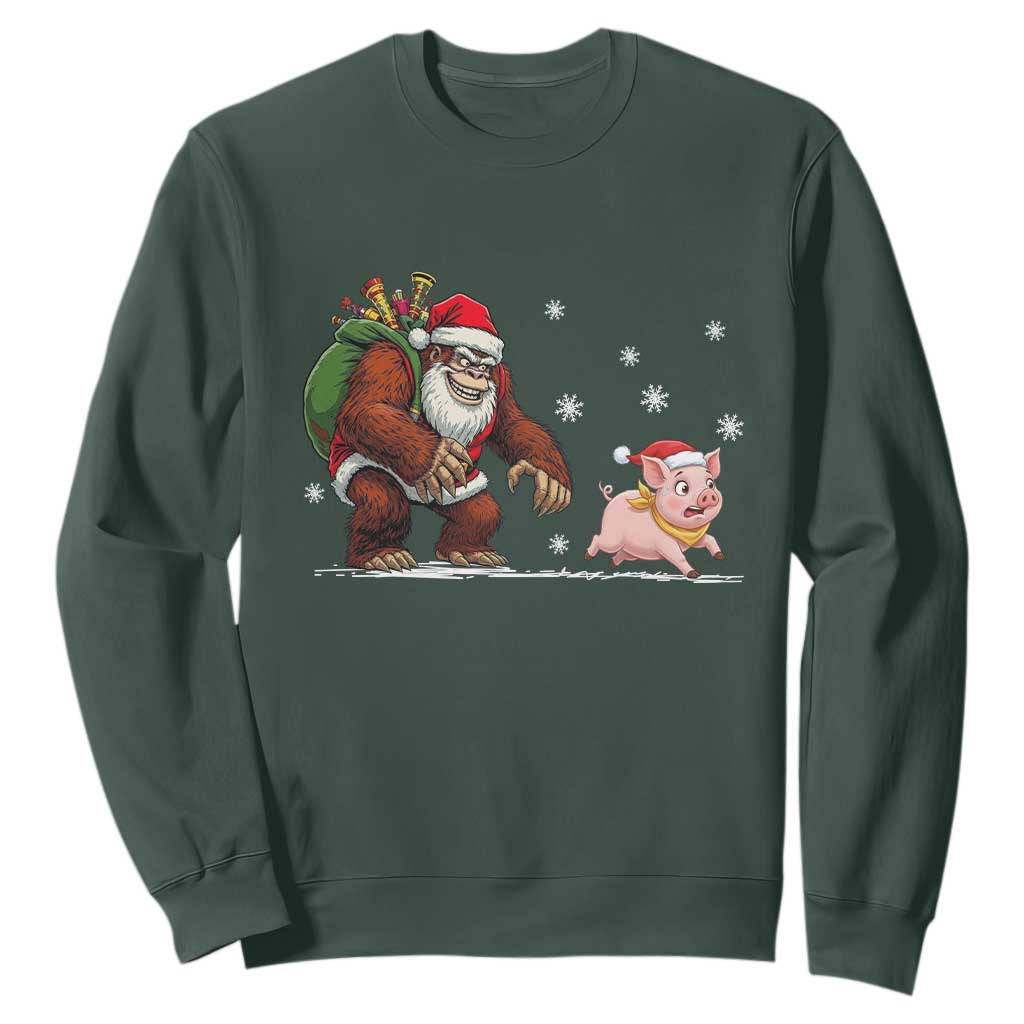Christmas Cryptid Farm Life Gift Sweatshirt Funny Bigfoot Chasing Pig TS12 Dark Forest Green Print Your Wear