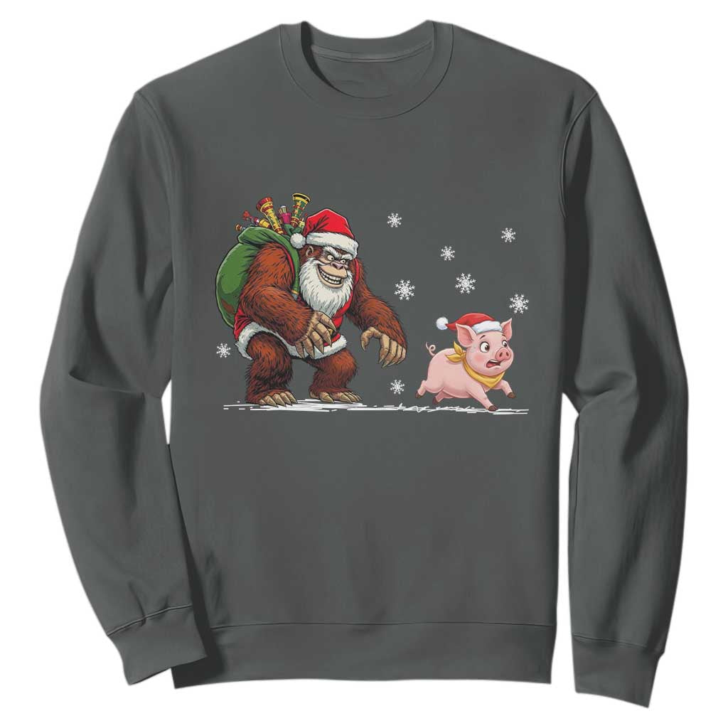 Christmas Cryptid Farm Life Gift Sweatshirt Funny Bigfoot Chasing Pig TS12 Dark Heather Print Your Wear