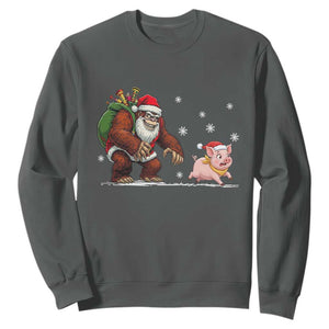 Christmas Cryptid Farm Life Gift Sweatshirt Funny Bigfoot Chasing Pig TS12 Dark Heather Print Your Wear