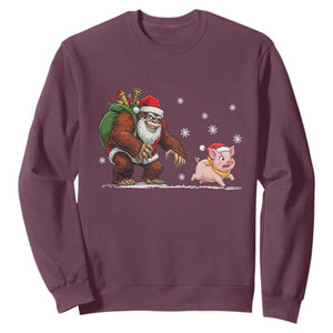 Christmas Cryptid Farm Life Gift Sweatshirt Funny Bigfoot Chasing Pig TS12 Maroon Print Your Wear