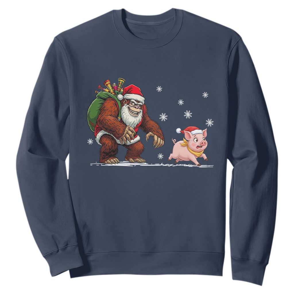 Christmas Cryptid Farm Life Gift Sweatshirt Funny Bigfoot Chasing Pig TS12 Navy Print Your Wear