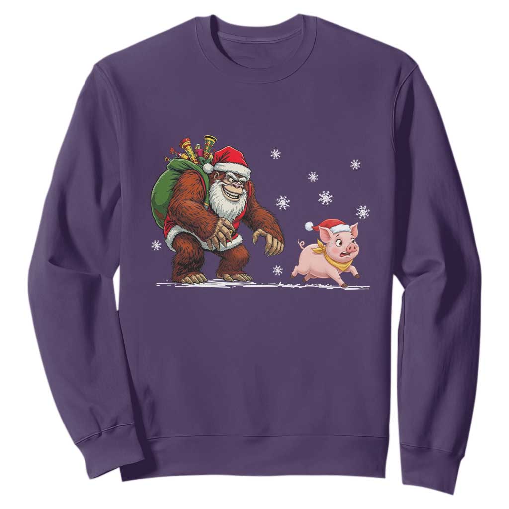 Christmas Cryptid Farm Life Gift Sweatshirt Funny Bigfoot Chasing Pig TS12 Purple Print Your Wear