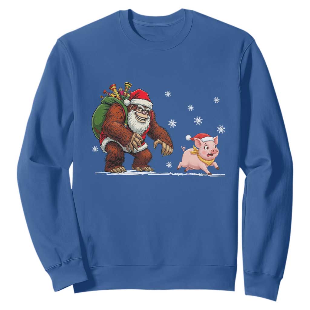 Christmas Cryptid Farm Life Gift Sweatshirt Funny Bigfoot Chasing Pig TS12 Royal Blue Print Your Wear