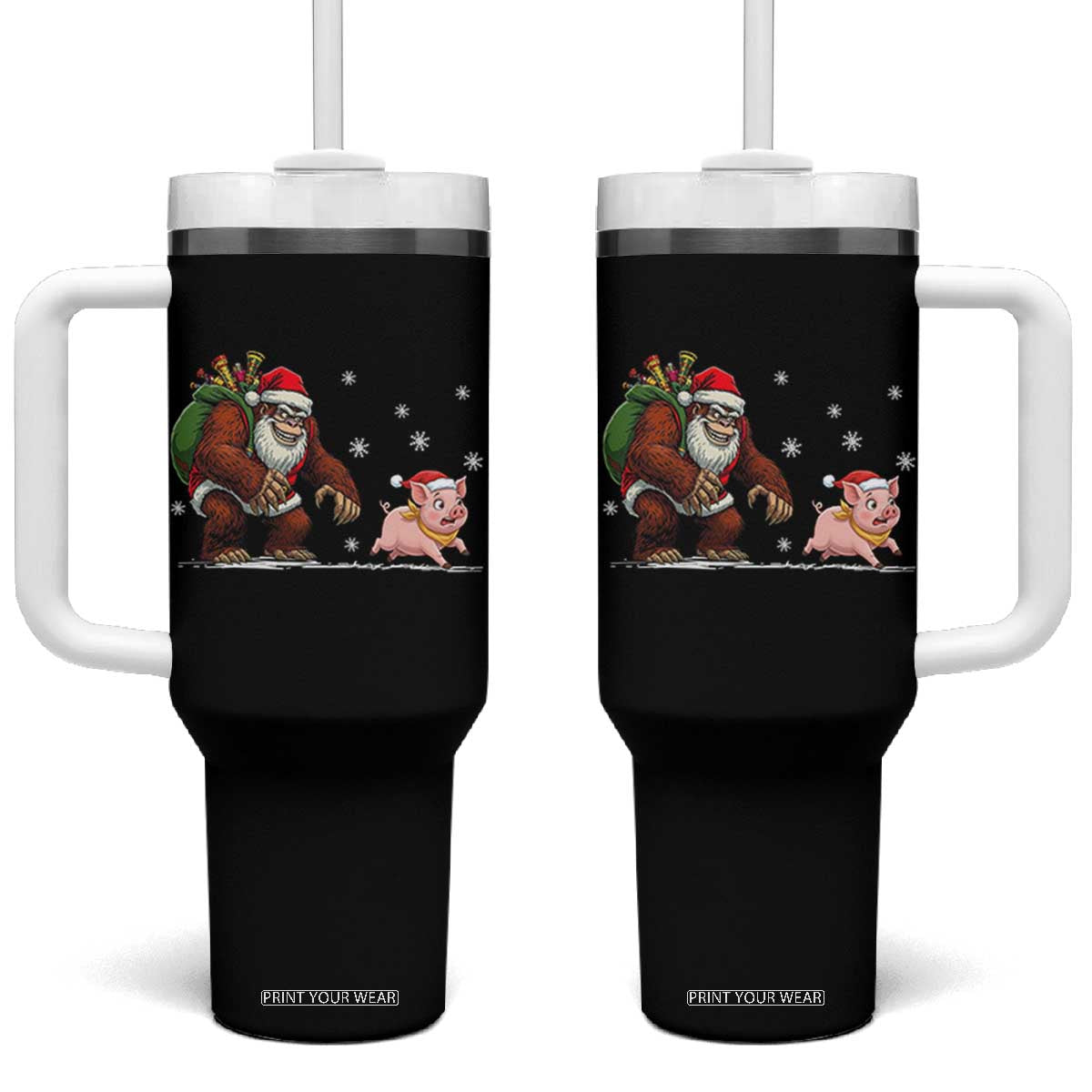 Christmas Cryptid Farm Life Gift Tumbler With Handle Funny Bigfoot Chasing Pig TS12 One Size: 40 oz Black Print Your Wear